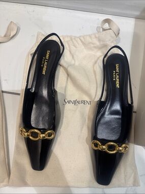 Saint Laurent Black Patent Slingback Flats with Gold Chain Accent